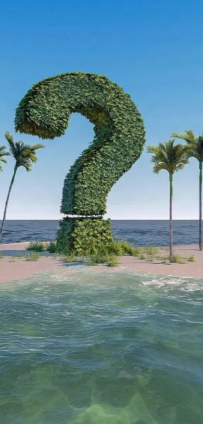 Tropical island with a question mark topiary surrounded by ocean waves.