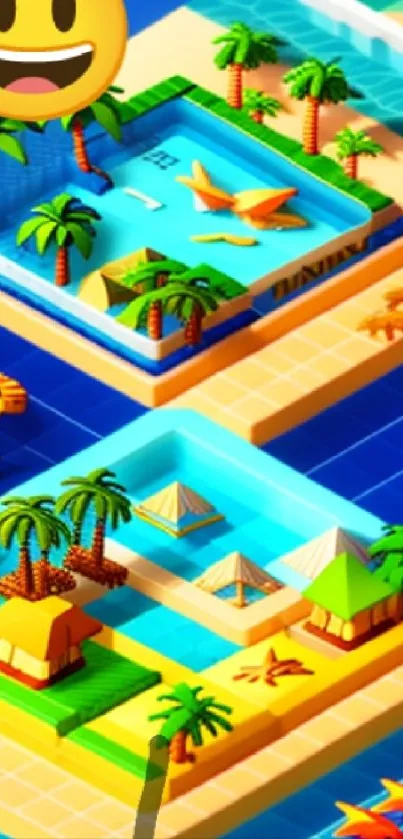 Vibrant isometric tropical wallpaper with palm trees and pools.