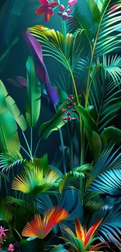 Luxurious tropical jungle with vibrant foliage.