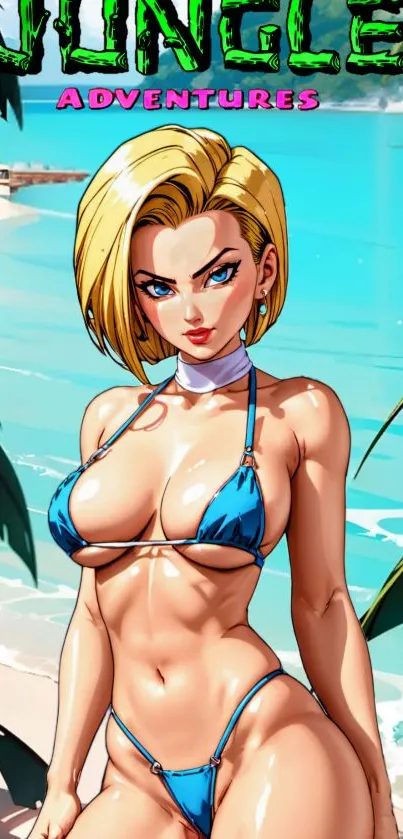 Anime character in blue bikini at tropical beach.