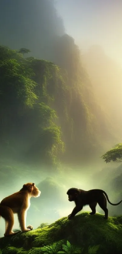 Monkeys in a lush tropical jungle with soft, misty lighting.