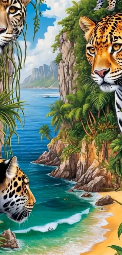 Jaguars in a vibrant jungle overlooking a tranquil beach.