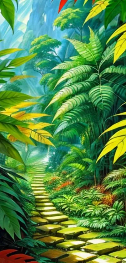 Vibrant tropical jungle pathway wallpaper with lush green foliage.