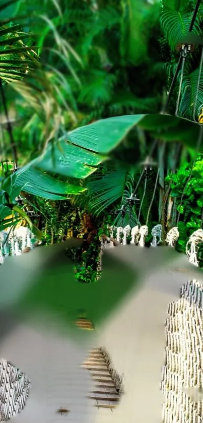 Mobile wallpaper of a lush tropical jungle pathway with vibrant green foliage.