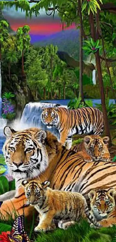 Tropical jungle scene with tiger family and vibrant flora.