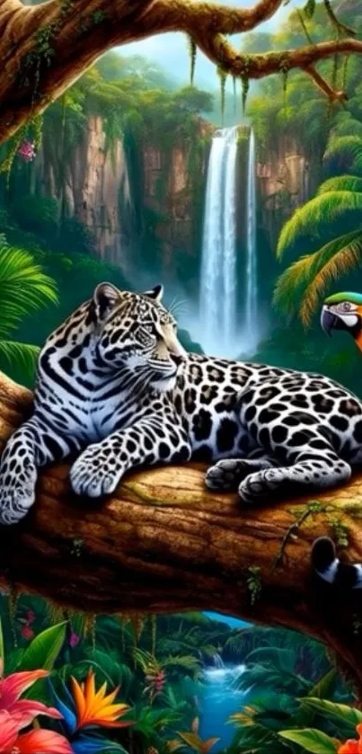 Leopard and parrot in vibrant tropical jungle setting.