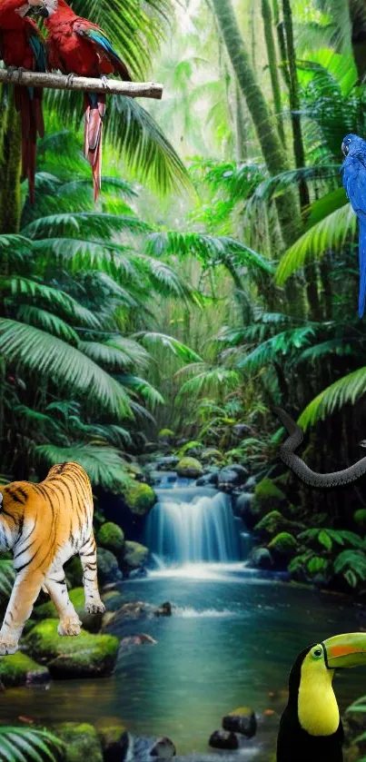 Vibrant tropical jungle wallpaper with wildlife.