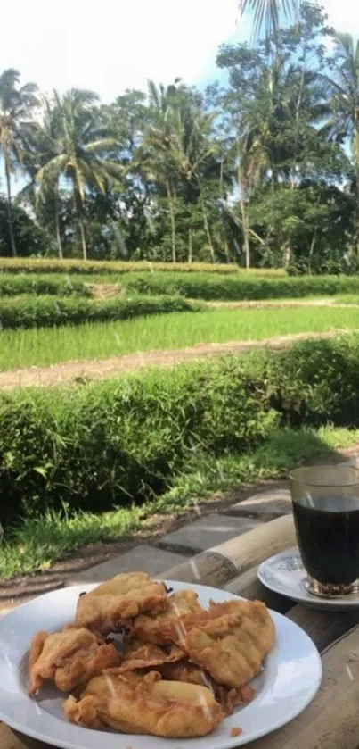 Tropical landscape with coffee setup and coconut trees.