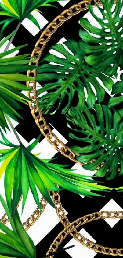 Green leaves and gold chains on geometric background.