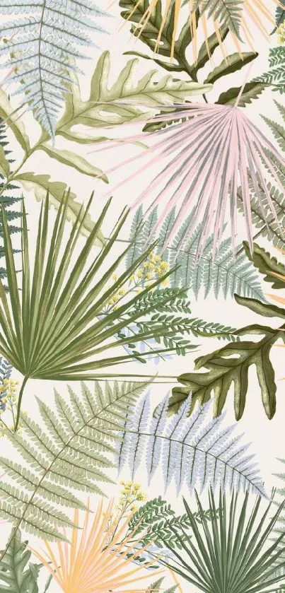 Vibrant tropical leaf wallpaper with pastel hues.