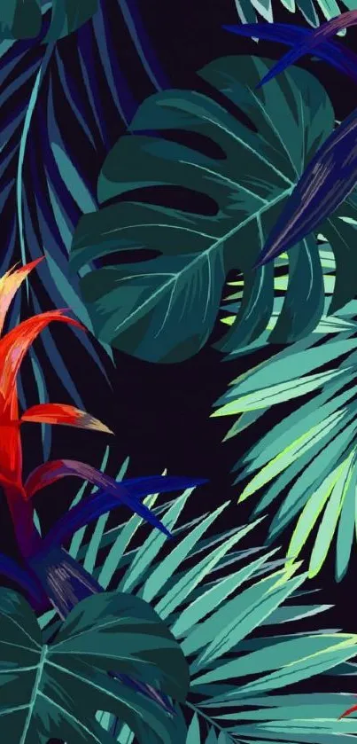 Tropical leaves and vibrant colors wallpaper for mobile phones.