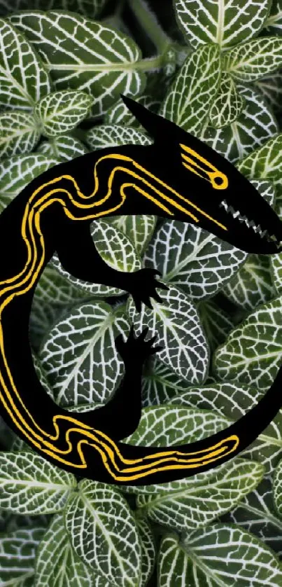 Wallpaper with tropical leaves and artistic snake design in green hues.