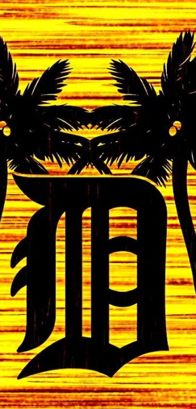 Tropical wallpaper with palms and stylized letter on yellow background.