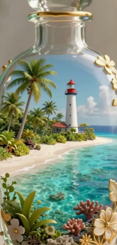 Tropical lighthouse scene inside a decorative glass bottle.