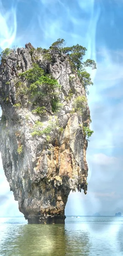 Limestone rock formation in tropical blue waters under a clear sky.