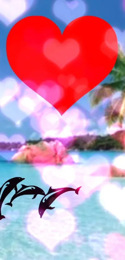 Red heart over tropical beach with dolphins.