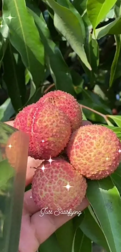 Lychee fruits surrounded by lush green leaves, capturing a tropical essence.