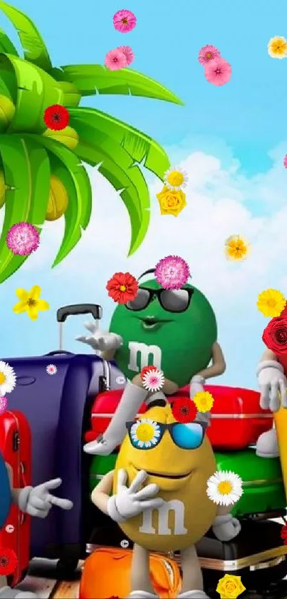 M&M's characters on tropical beach with palm tree and suitcases.