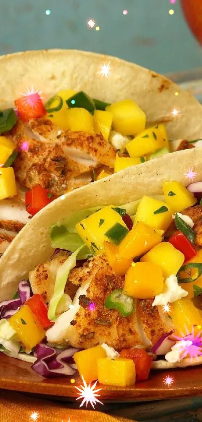 Vibrant fish tacos with mango on a plate.