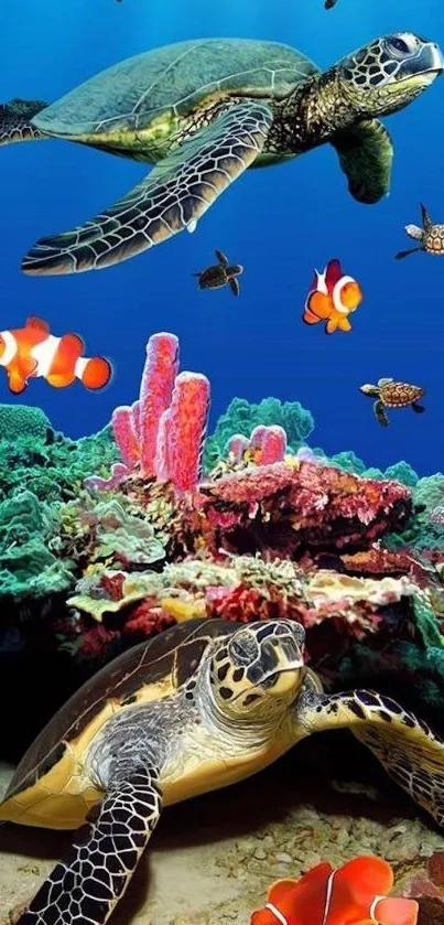 Colorful underwater scene with turtles, fish, and coral.