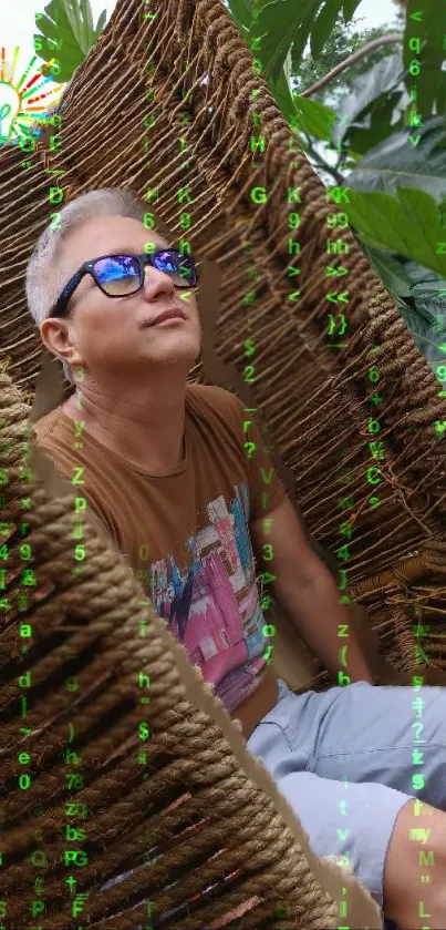 Man in a tropical setting with matrix-style digital overlay.