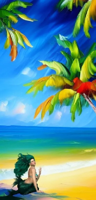 Tropical beach scene with mermaid and colorful palm trees on vibrant blue sky.