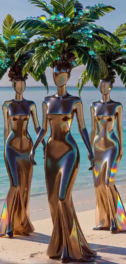 Three metallic statues with palm heads on a beach.