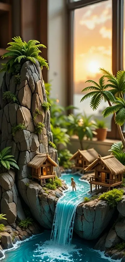Miniature tropical paradise with huts and waterfall.