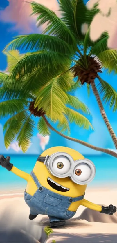 Minion on a beach with palm trees and blue sky.