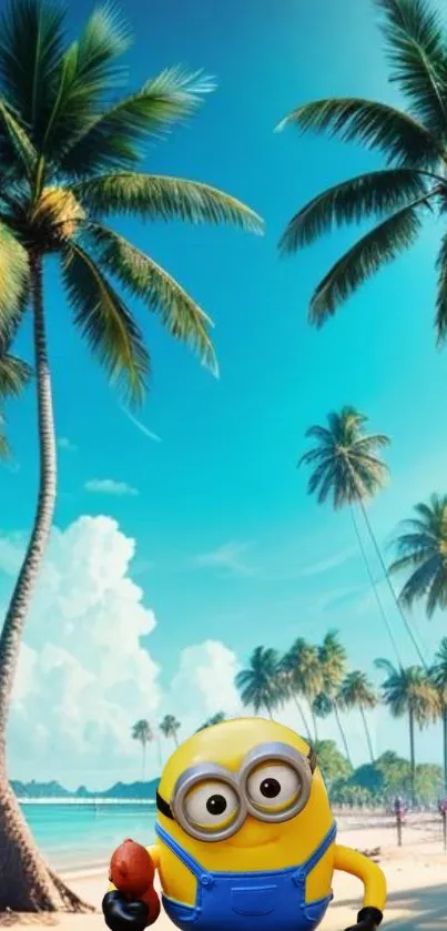 Minion on a tropical beach with palm trees and blue sky.