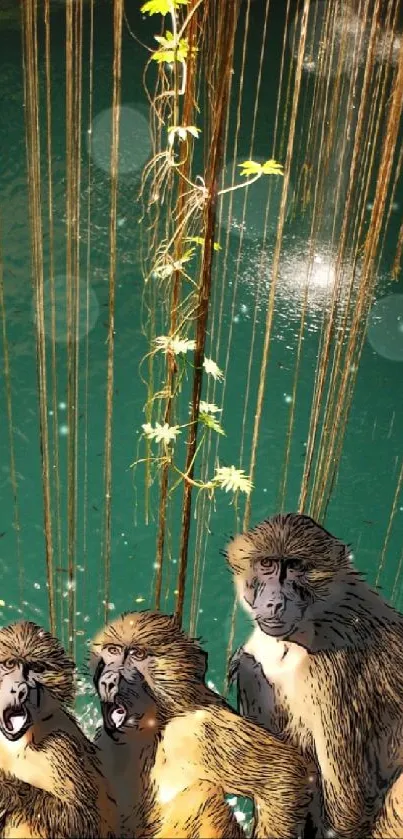 Monkeys at a tropical lagoon with vines hanging above serene green waters.