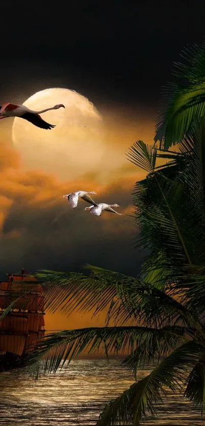 Moonlit tropical beach scene with palm trees and ship.