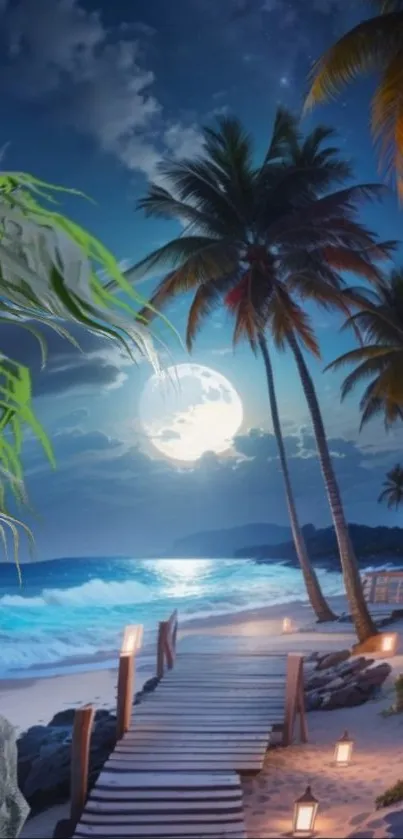 Moonlit tropical beach path with palm trees and ocean waves.