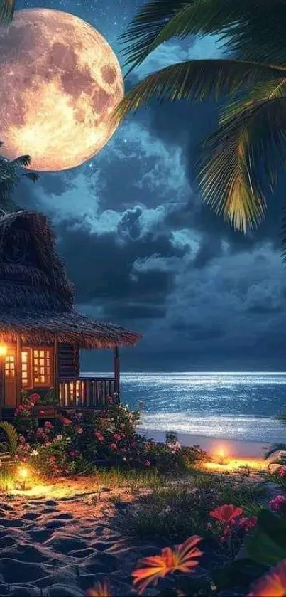 Tropical night beach with full moon and a cozy illuminated cabin.