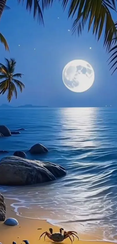 Tropical beach under moonlight with palm trees and ocean.
