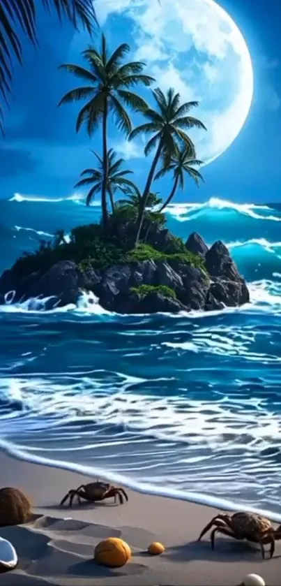 Moonlit tropical island with waves and crabs on the beach.