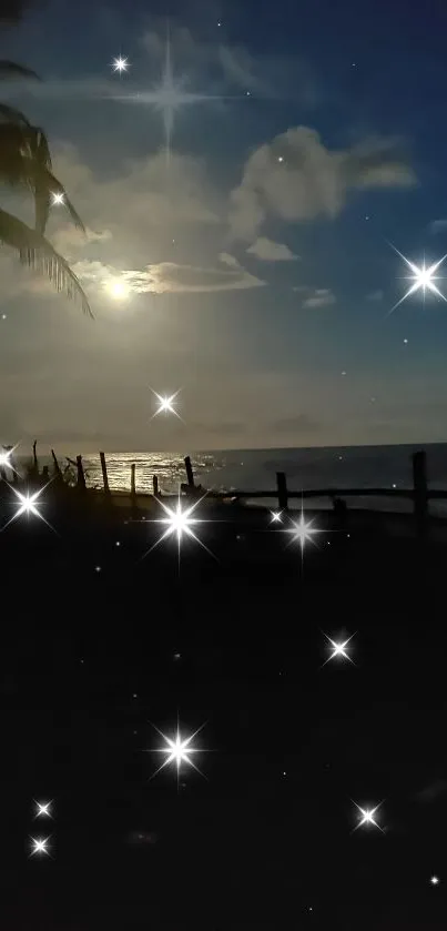 Moonlit tropical beach with ocean and palm silhouettes.