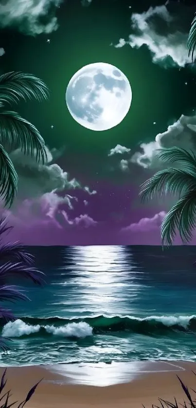 Tropical beach under a full moon with palm trees and ocean waves at night.