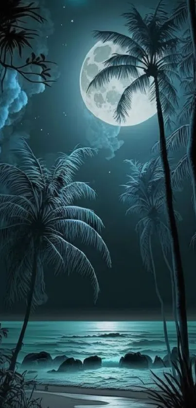 Moonlit tropical beach with palm trees and ocean waves at night.