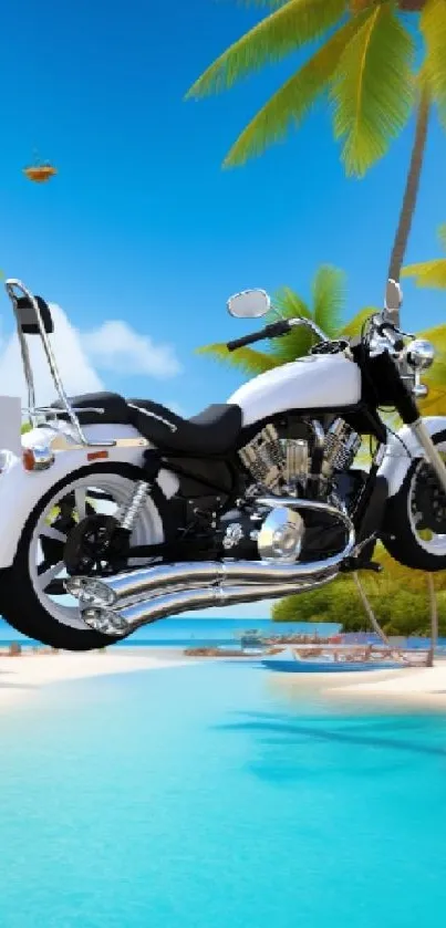 Motorcycle on a tropical beach with palm trees and clear blue sky.