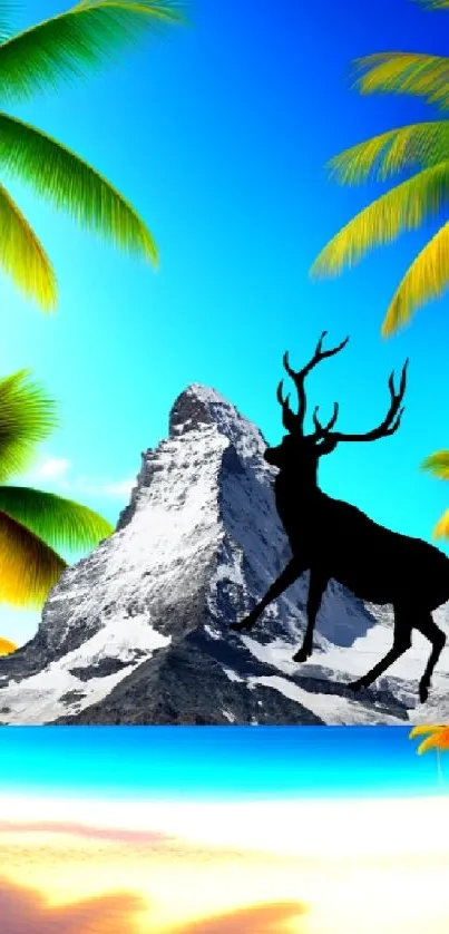 Vibrant wallpaper with mountain, deer, and tropical beach scene.