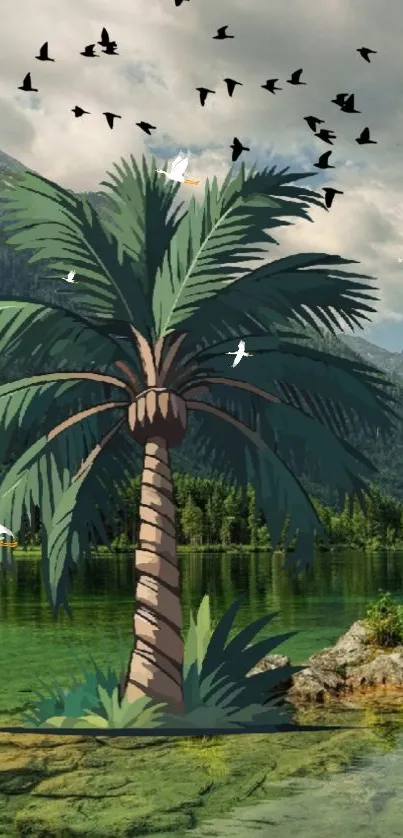 Palm tree by a serene lake with mountains in the background.