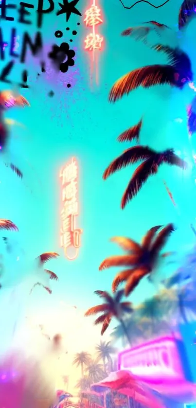 Neon tropical wallpaper with glowing palm trees and a cyan sky.