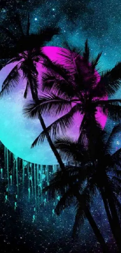 Neon-themed wallpaper with palm silhouettes and colorful moon.