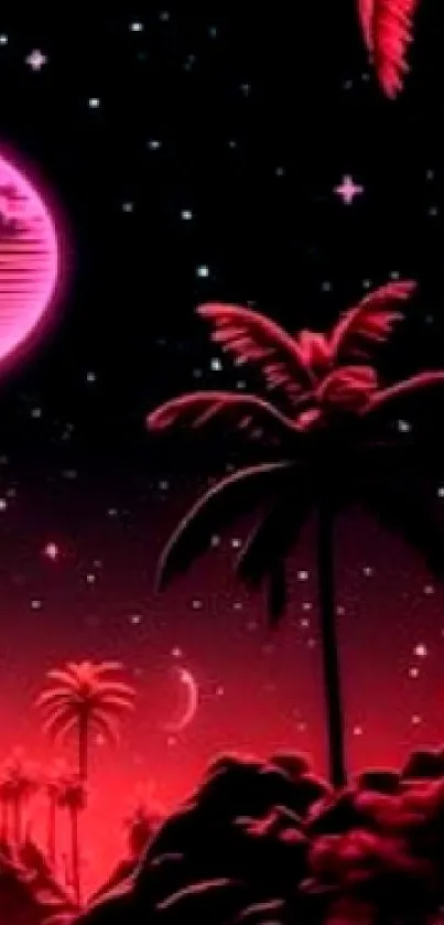 Neon tropical landscape with a pink moon and palm trees in the night sky.