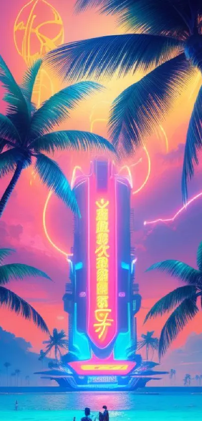 Futuristic neon beachscape with palms and vibrant sunset.