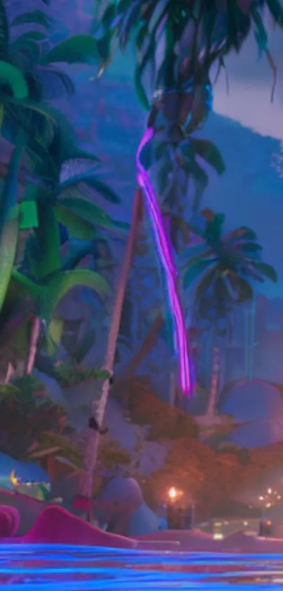 A vibrant tropical landscape with neon lights along a beach pathway.