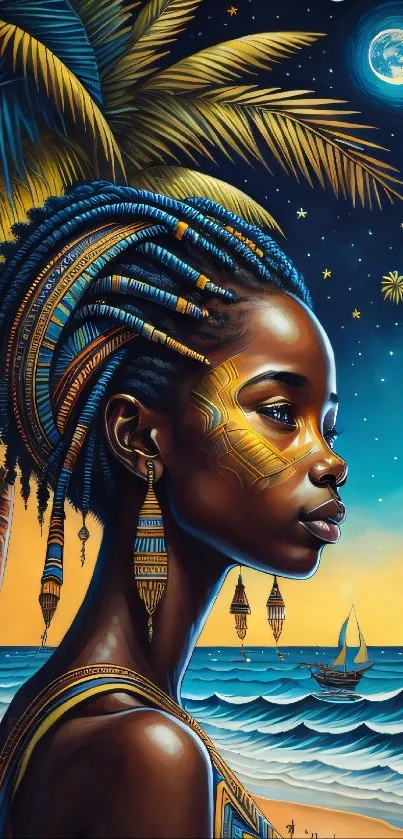 Artistic night scene with a profile view of a woman on a tropical beach.