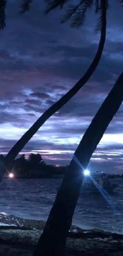 Tropical beach at night with silhouetted palms and ocean waves under a twilight sky.