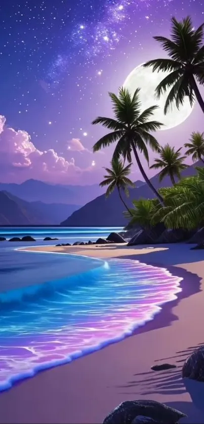 Tropical night beach with moonlit waves and palm trees on the shore.